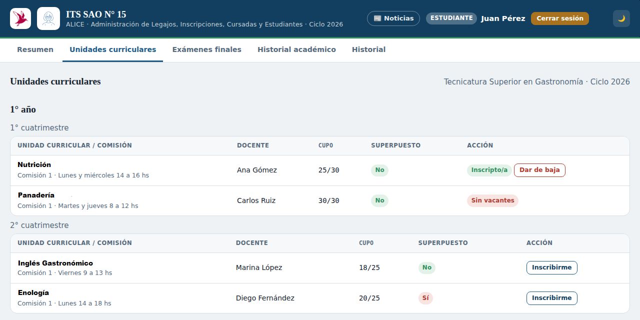 Pantalla de inscripción a unidades curriculares (cursadas) en ALICE