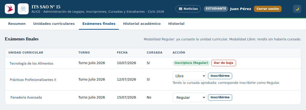 Pantalla de inscripción a mesas de examen final en ALICE