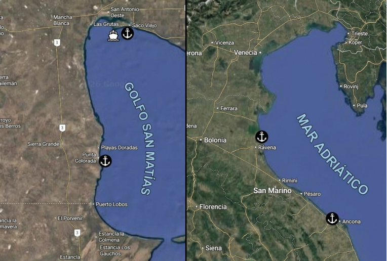 Vista satelital comparada del Golfo San Matías (Argentina), a la izquierda, y del Mar Adriático (Italia), a la derecha, con los puertos señalados